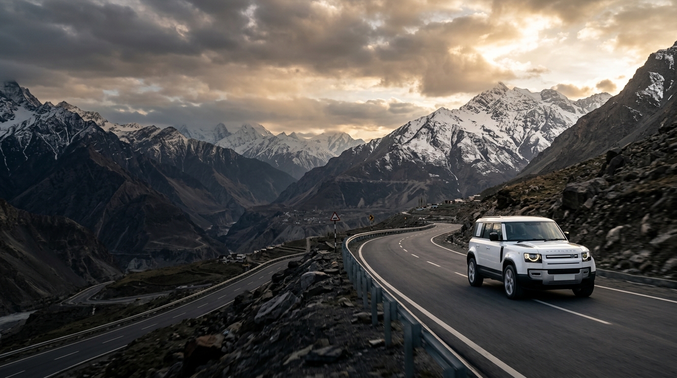 Premium SUV driving through spectacular Indian mountain landscape