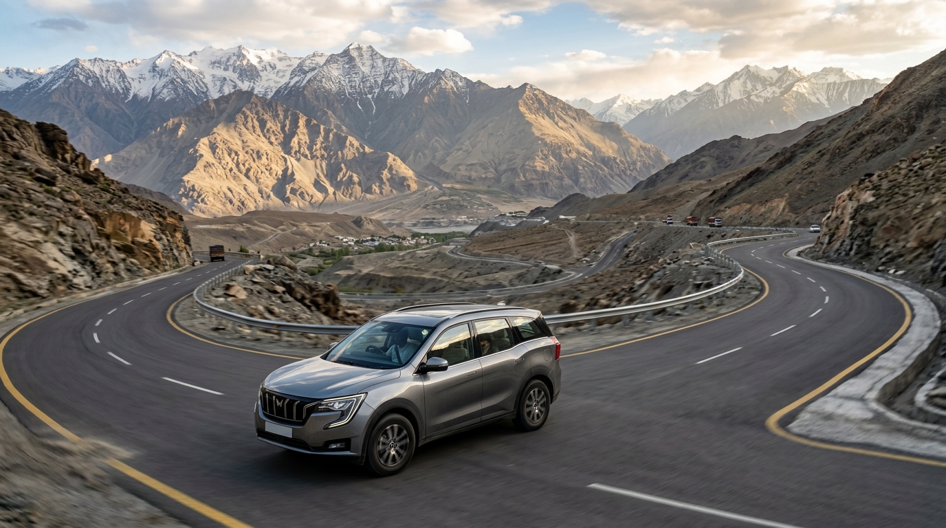 Premium SUV travelling on a scenic Indian mountain highway
