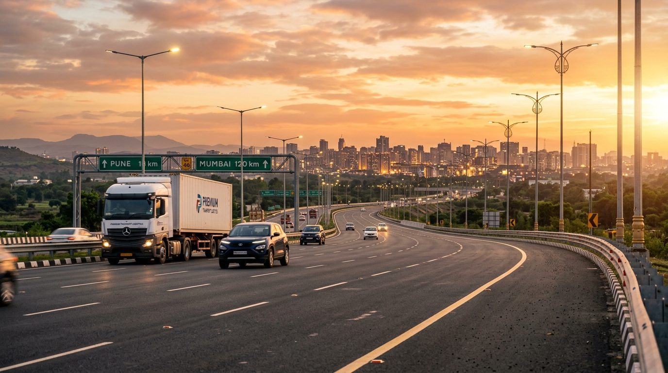 Modern Indian highway leading toward a city skyline during golden hour